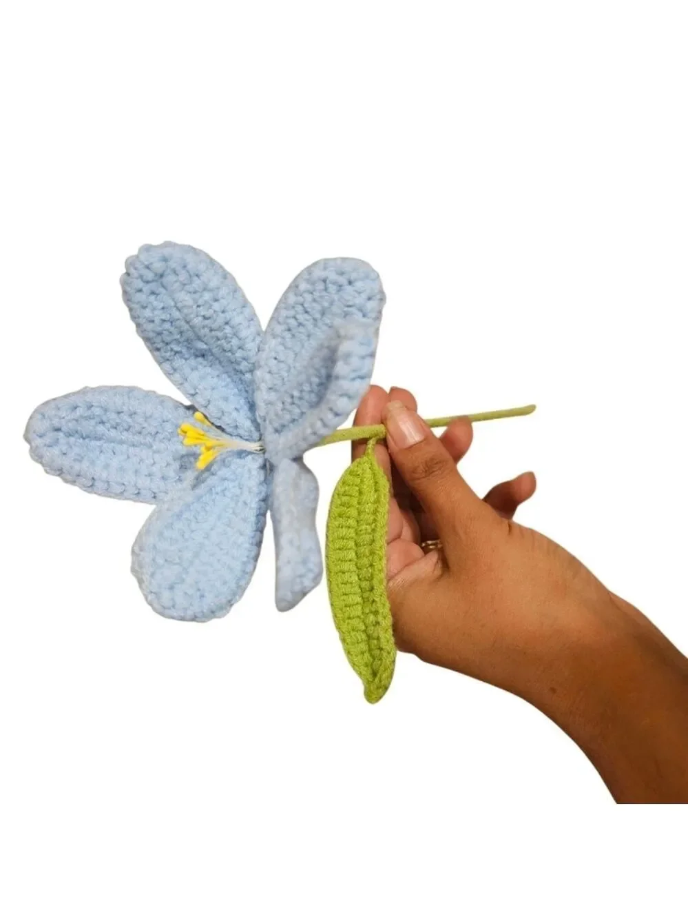 Handmade Crochet Baby Blue Flower Easter Decor Eco Artistic Acrylic Stem Blue